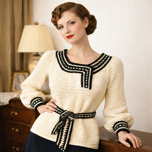 Unbranded Sweaters - 1970s Vintage Crochet Subtle Bishop Sleeve Black Cream Sweater Waistband #36